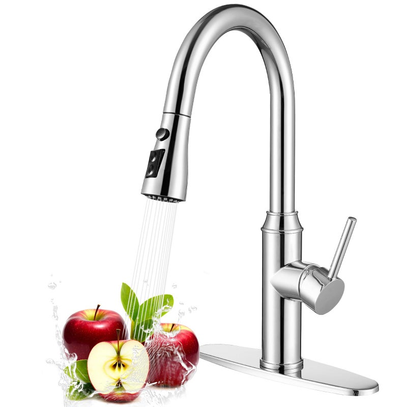 Arofa Kitchen Faucet with Pull Down Sprayer, Chrome Faucet for Kitchen Sink Stainless Steel Kitchen Faucets, Single Handle 1 or 3 Hole Faucet with Escutcheon for RV, Outdoor, Laundry & Utility Room Sink - Image 1